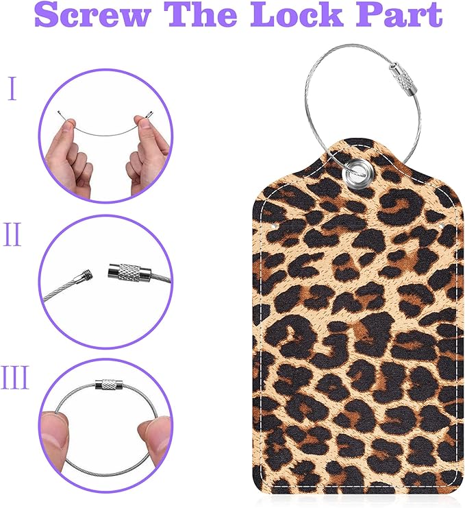 Set of 2 Luggage Tags Brown Leopard Texture Leather Suitcases Tag with Privacy Cover Stainless Steel Loop and Address Card for Women Men Travel
