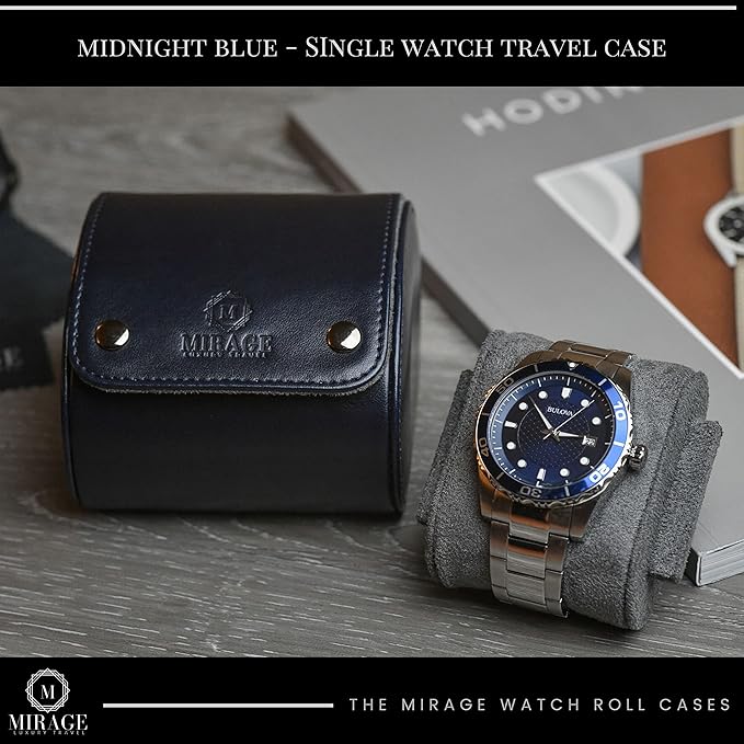 Single Watch Case - 1 Watch Travel Case Holder - Midnight Blue Swiss Motif Vegan Leather