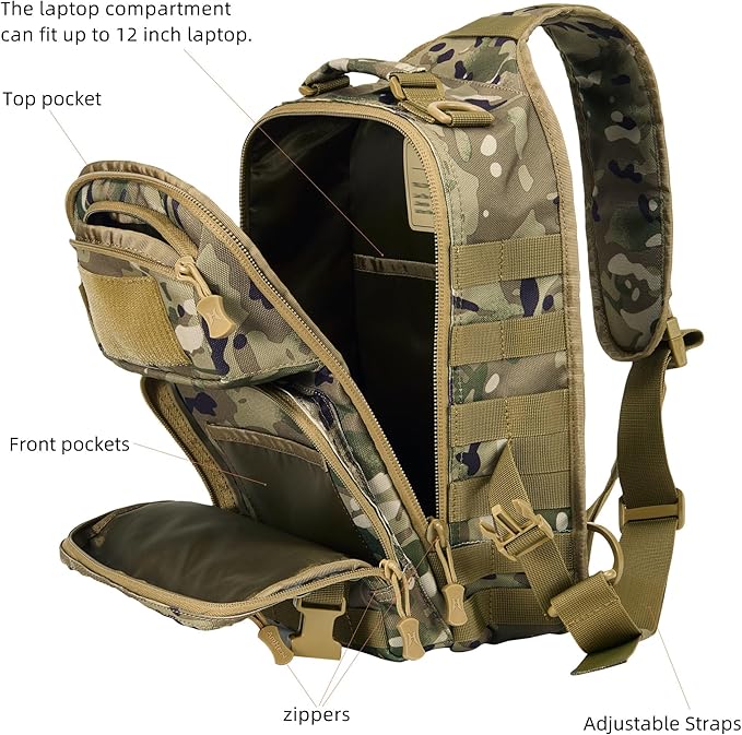 15L Tactical Crossbody Sling Bag | Everyday One Shoulder Backpack Fit 12 Inch Laptop, Molle, Daily Use, Travel, Hiking (Camo)