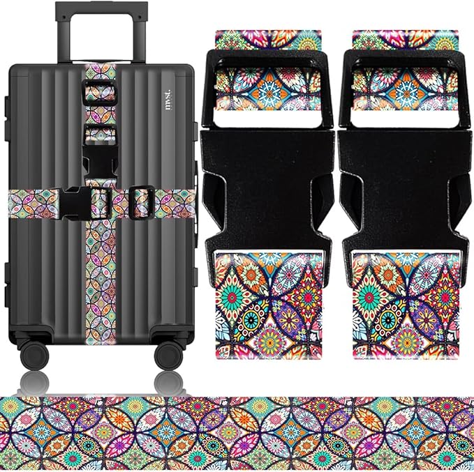 2 Pack Luggage Straps for Suitcases Adjustable Luggage Belt TSA Approved, Bright Colors Travel Packing Straps with Quick Release Buckle Unique Nylon for Sleeping Bag Car Seat, Bohemia