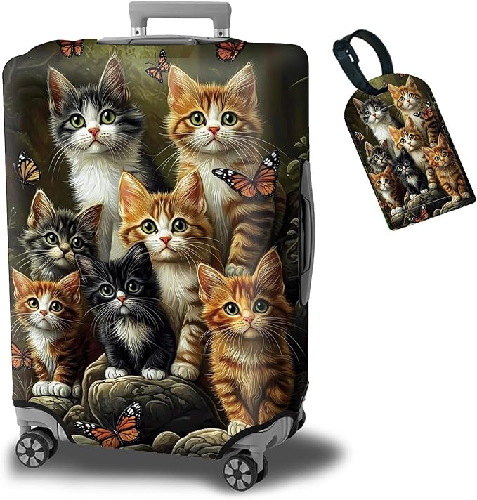 Luggage Cover + Tag, Cats Family Travel Suitcase Protector for 24 inch Luggage (M) with Concealed Zipper, Washable Elastic Cloth, Dustproof, Anti-Scratch