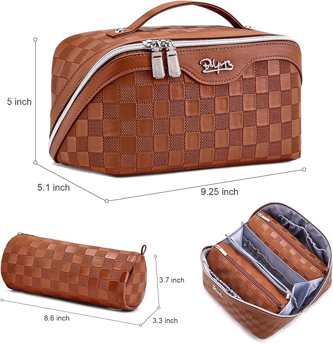 Travel Makeup Bag Organizer Cosmetic Bag: 3 Pcs Set Make up Bags for Women with Handle - Waterproof Vegan Leather Toiletry Bags with Comparments (C-10-Brown)