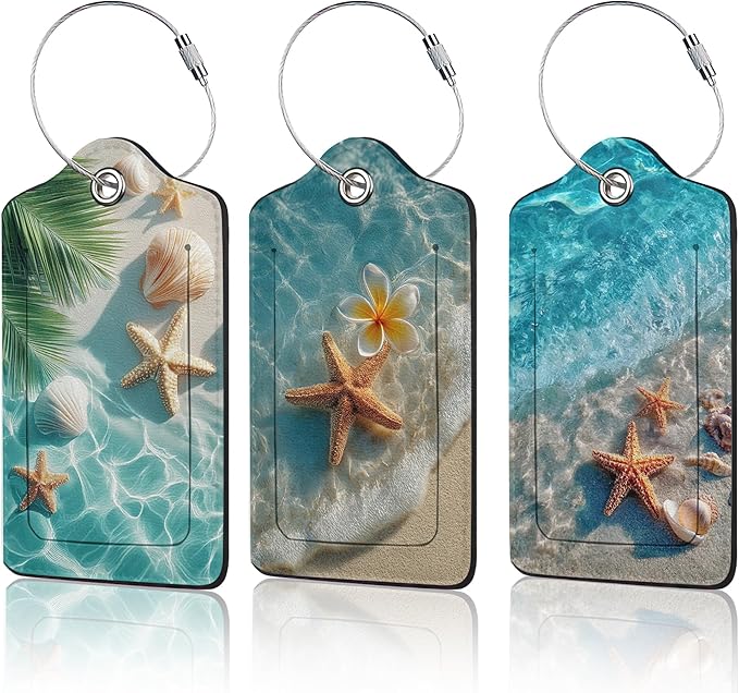 Starfish Seashell on Beach Luggage Tags for Suitcase,3 Pack Luggage Tag Leather Privacy Cover ID Label with Stainless Steel Loop for Women Men