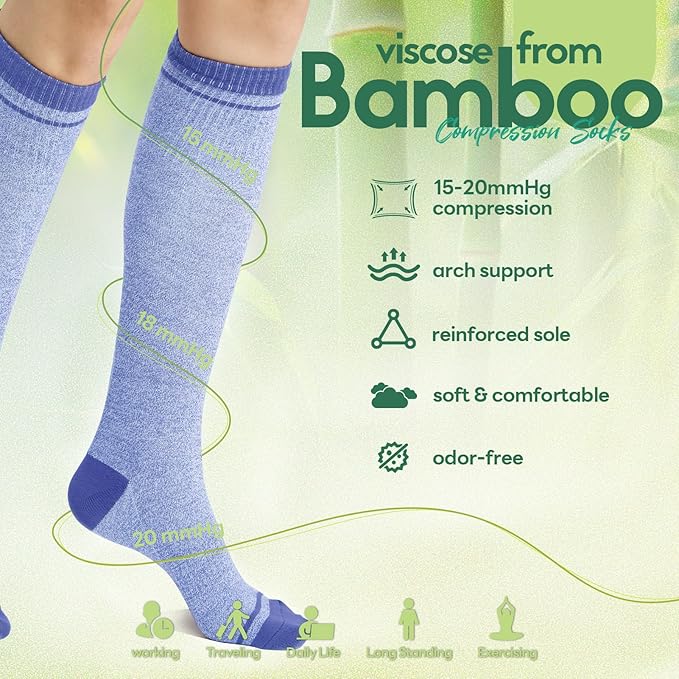 Mens Compression Socks for Men Women, 15-20 mmHg Bamboo Viscose Knee High Soft Support for Travel Daily