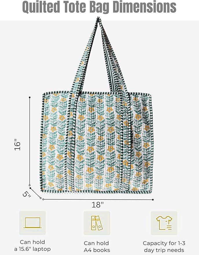 Cotton Quilted Tote Bag for Women – Large Beach & Travel Tote with Zipper, Reusable Grocery Bag