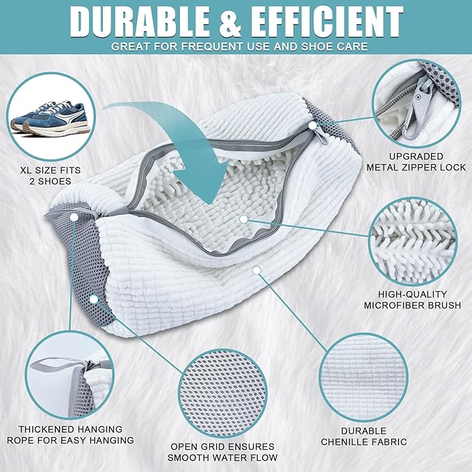 XXL Shoe Washing Machine Bag - 2-Pack Reusable Shoe Cleaning Bags, 360° Deep Clean for Tennis Shoes, Sneakers and Slippers, Includes 2 Shoe Storage Dust Bags (White)