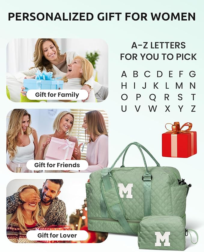 Gifts for Preteeens Girls 10-13-Initial Girl Travel Bag with Shoe Compartment, Weekender Bags for Women, Overnight Bag for Women, Travel Bag with Makeup Bag (Letter T)