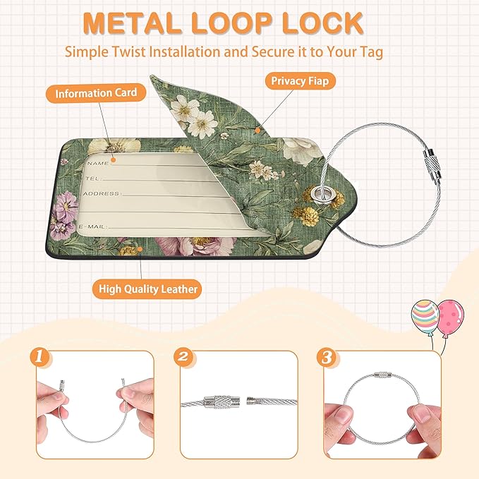 Vintage Peony Floral PU Leather Luggage Tags for Suitcase, Travel Cruise 3 Pack with Privacy Flap, Name ID Label and Metal Loop for Women Men Girls Baggage Bag Backpack