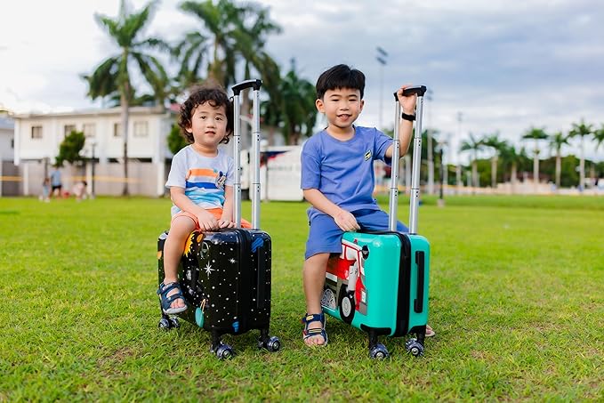 Younglingz LIL FLYER GO Version 2 Ride On Suitcase for Kids | Carry On Luggage with Toddler Seat, Foldable Handlebars, Pedals, and Removable Wheels | Holds up to 80 lbs | SPACE | Ages 2-6