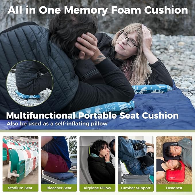 ATEPA Inflatable Stadium Seat Cushion, Self-Inflating Memory Foam Stadium Seats Bleacher Seat Chair Cushion Pad for Airplane Travel Backpacking Sports Events