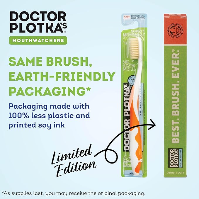 MOUTHWATCHERS Soft Flossing Toothbrushes, Value Pack of 4, Orange, Manual Toothbrush for Adults, Ultra Clean, Good for Sensitive Teeth and Gums, by Dr. Plotka's