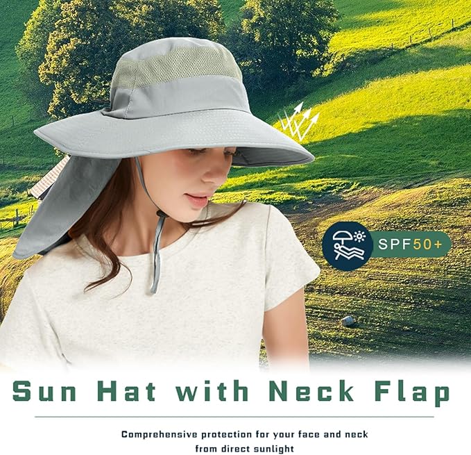 Fishing Hat Breathable Wide Brim Sun Hats with Neck Flap Bucket Hat Outdoor Safari Hat for Men Women UPF 50+ Sun Protection