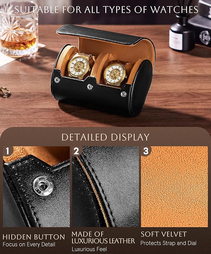 Homde Travel Watch Box Leather: Traveling Case for Men - Luxury Watch Roll for Wristwatch on the Go (black, M)