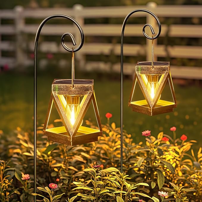 KOOPER Solar Lanterns Outdoor Waterproof, 4 Pack Upgraded Metal Hanging Solar Lights Outdoor Lantern Decorative, Bright Bronze Hanging Lanterns for Yard Patio Table Pathway Garden Decor