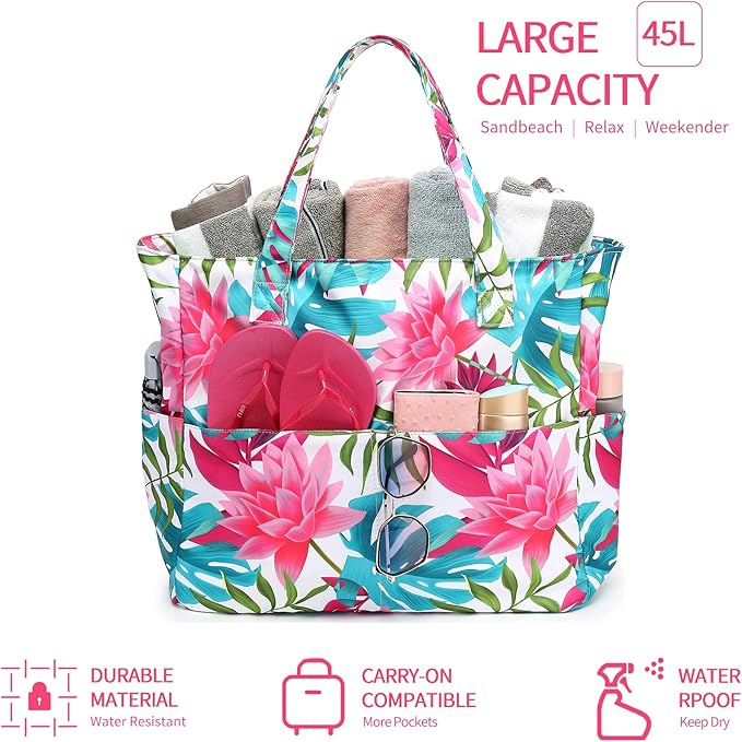 LEDAOU Large Beach Tote Bag Women Waterproof Sandproof Zipper Beach Tote Bag for Pool Gym Grocery Travel with Wet Pocket