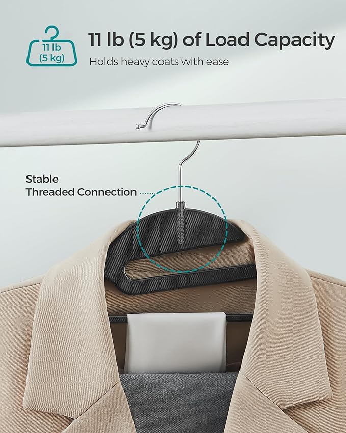 SONGMICS 50 Pack Coat Hangers, Heavy-Duty Plastic Suit Hangers, S-Shaped Opening, Space-Saving, 360º Swivel Hook, 16.3 Inches Wide, Ink Black UCRP41BK-50
