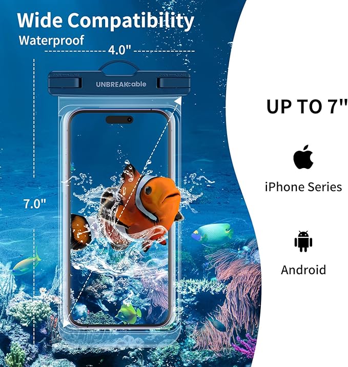 UNBREAKcable Waterproof Phone Pouch-2 Pack IPX8 Waterproof Phone Case for iPhone 16 15 14 13 12 11 Pro Max & Samsung S25 S24-Dry Bag & Travel Essentials for Beach, Pool, Kayak & Cruise-7" Black+Blue