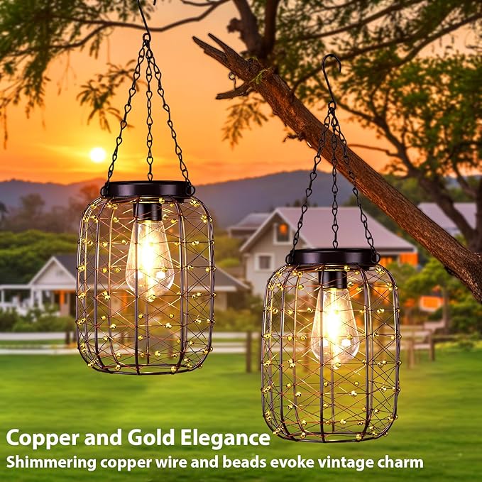 Hanging Solar Lanterns Outdoor Waterproof, Vintage Copper Hanging Lantern Lights for Outside, Solar Chandelier Outdoor Idea for Yard Garden Pathway Gazebo Pergola Porch Decor (4)