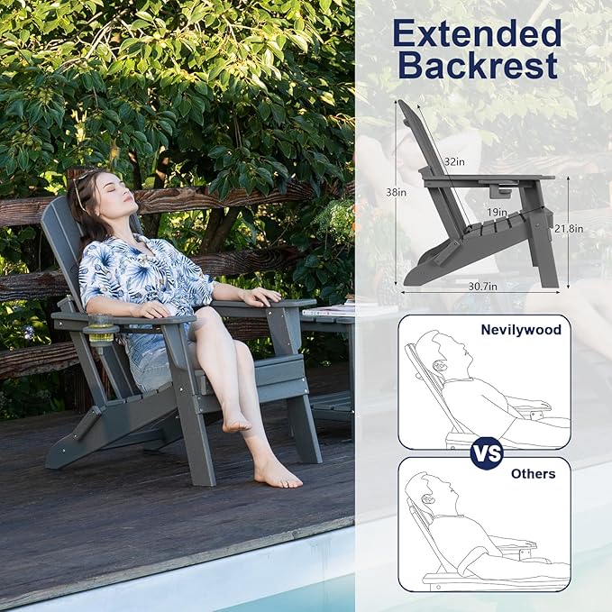 Folding Adirondack Chair - Extended Ergonomic Backrest, Cup Holder - Easy Assembly - Durable HDPE Plastic, Weather Resistant & Maintenance-Free - Lawn, Patio, Deck Supports 380lbs Grey