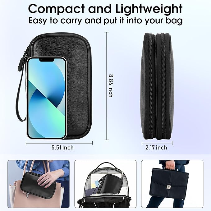 Leather Travel Electronic Organizer - Double Layer, Waterproof Case for Cables, Chargers, Phones & More - Portable, Shockproof Pouch for All Your Electronics Accessories (Black, M)