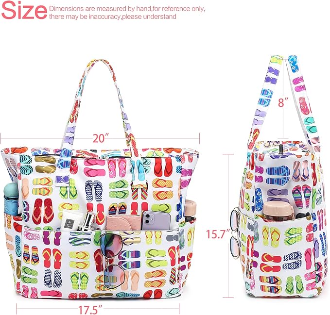 LEDAOU Large Beach Tote Bag Women Waterproof Sandproof Zipper Beach Tote Bag for Pool Gym Grocery Travel with Wet Pocket