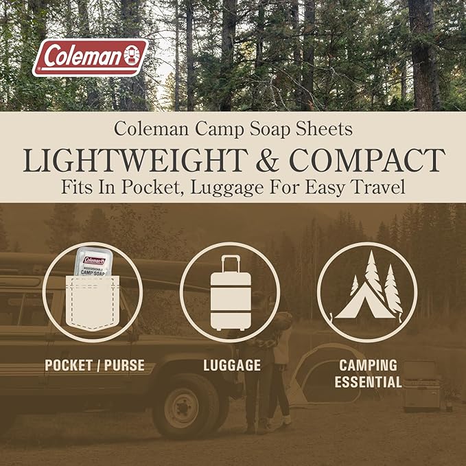 Coleman Camp Soap Sheets – 25 Travel Soap Sheets for Camping, Hiking & Backpacking – Perforated for 50 Washes, Dissolves Instantly in Hot or Cold Water, TSA-Approved for Travel