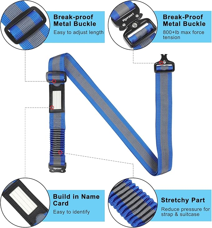 Vigorport Luggage Straps for Suitcases 2 Pack, Heavy Duty Metal Buckle Luggage Belt Strap, TSA Approved Suitcase Belt, Stretchable Travel Strap for Luggage (Blue, 42"-72" Long)