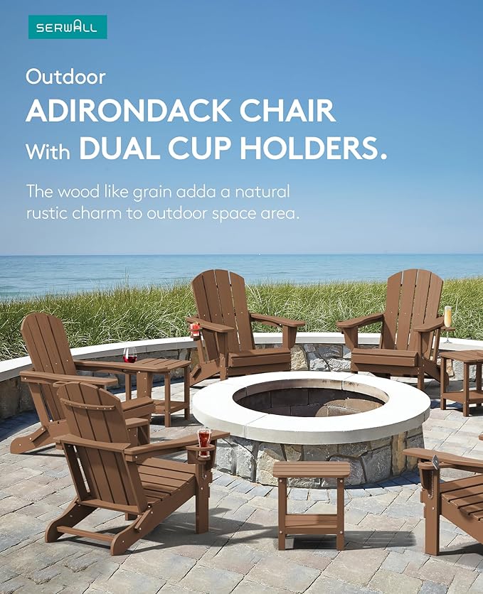 SERWALL Adirondack Chair with Cup Holders - Composite Adirondack Chairs Set of 6 HDPE Outdoor Chairs All Weather Use- Brown