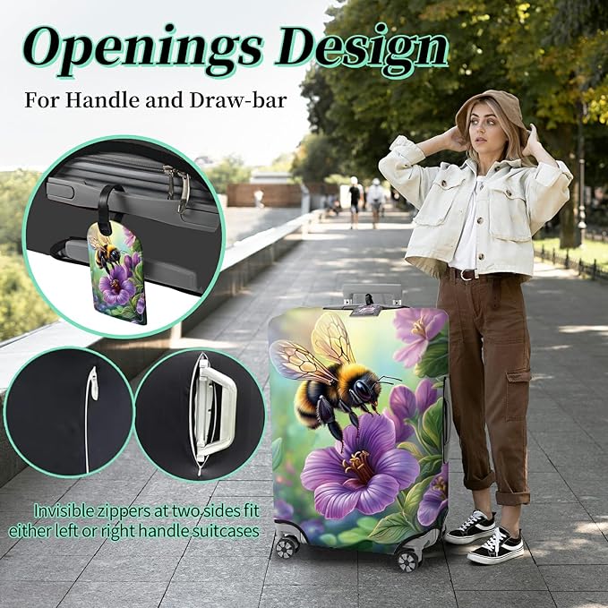 Luggage Cover + Tag, Bee Purple Flowers Travel Suitcase Cover for 29-30 inch Luggage (XL) with Concealed Zipper, Washable Elastic Cloth, Dustproof, Anti-Scratch