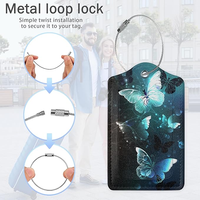 Luggage Tags for Suitcase,Glowing Butterfly Flying Luggage Tags of Set 2 Leather Identifiers Privacy Cover with Stainless Steel Loop for Women Men Travel Bag Suitcase