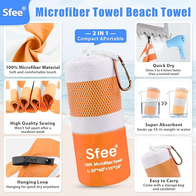 Sfee 2 in 1 Microfiber Travel Towel, Quick Dry Towel Camping Beach Towel Super Absorbent Compact Lightweight Sports Gym Towel Set for Gym, Hiking, Pool, Bath, Yoga (Small: 32''x16'')