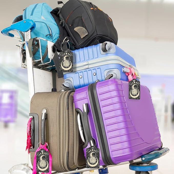 2Pack Luggage Tags for Suitcases, Cute Unique Pu Leather Cruise Luggage Tag with Privacy Cover ID Label Address Card and Metal Ring Suitable for Women Men Kids Travel Bag Sun and Moon Face