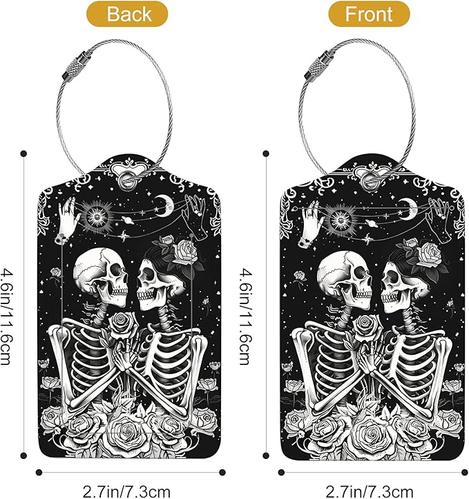 2Pack Luggage Tags for Suitcases, Cute Unique Pu Leather Cruise Luggage Tag with Privacy Cover ID Label Address Card and Metal Ring Suitable for Women Men Kids Travel Bag Skeletons and Flowers