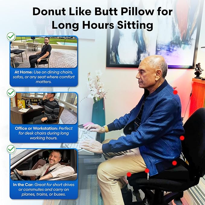 LiquiCell Coccyx Seat Cushion, Aid for Tailbone Pain Relief, Sciatica Pain, Back Support | Donut Like Butt Pillow for Long Hours Sitting at Home/Office Chair (18" W x 17" L x 2" H)
