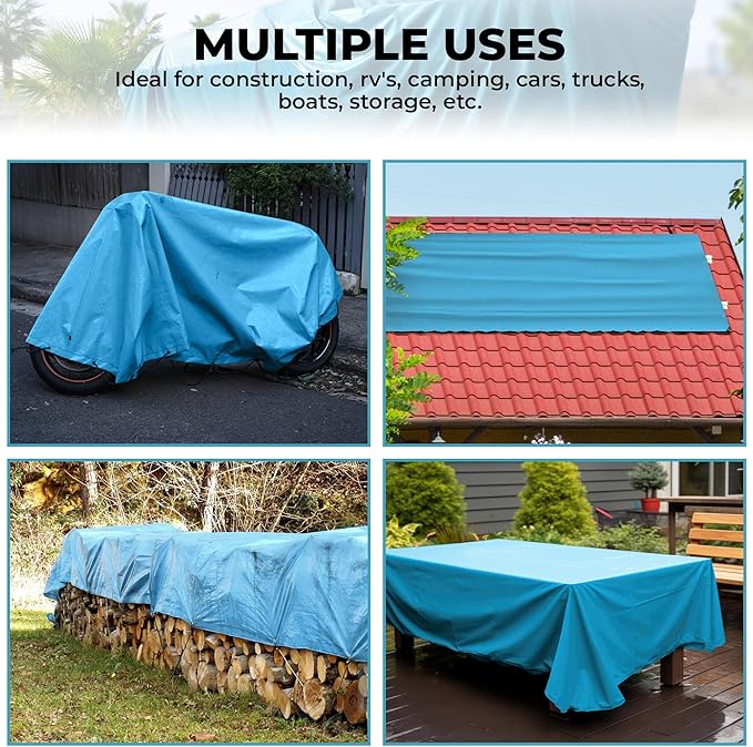 Tarps Heavy Duty Waterproof 12x20-12 mil Thick Camping Tent - Blue Tarp 12x20 UV Resistant, Rip & Tear Proof with Metal Grommets – Multipurpose Use for Camping, Tent, Boat, RV, Car, & Pool Cover