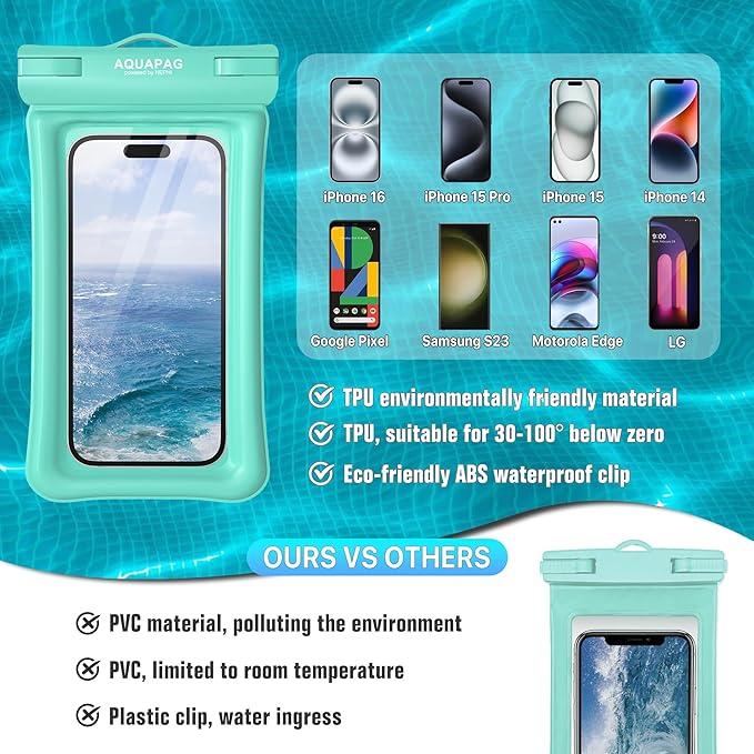 NEPHI IP68 Waterproof Phone Pouch 2 Pack-Up to 8.0"，Adjustable Neck Lanyard Floating Waterproof Phone Case for iPhone,Phone Dry Bags for Vacation Beach Pool Travel Essentials (Aqua Green white 4 pack)