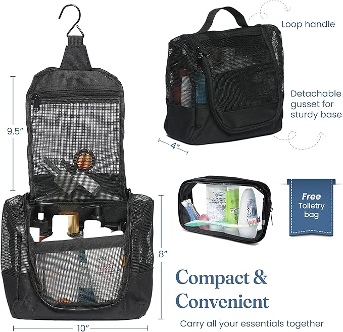 The Fine Living Co. Portable Hanging Shower Caddy Organizer Bag (Free Toiletries Case+Metal Hook) Quick Dry Mesh Shower Caddy Tote Bag Pouch For Bathroom College Dorm Camp Gym Camping 10”x4”x8”(Black)