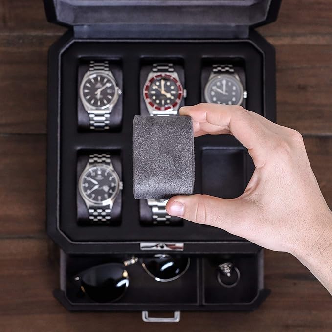 ROTHWELL Gift Box with 6 Slots Leather Watch Box and 2 Watches Travel Case - Storage Box Holder with Glass Top (Black/Grey Gift Box)