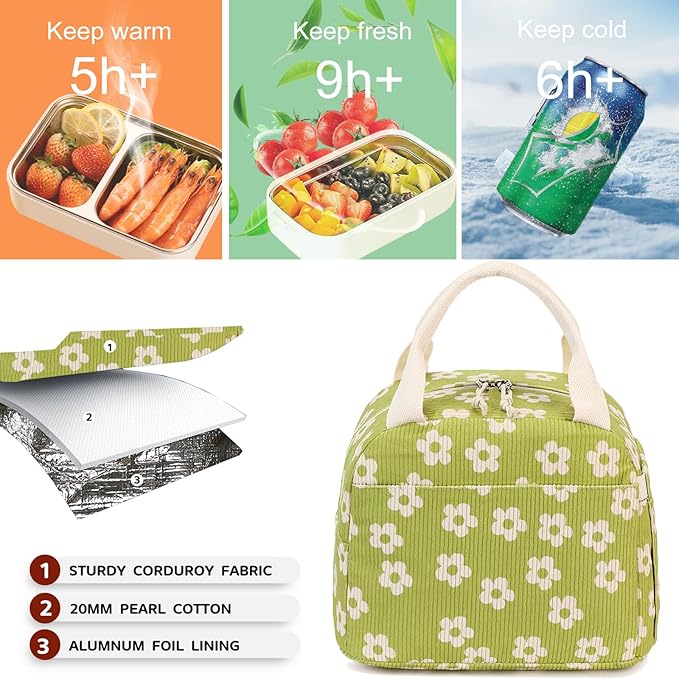 Bluboon Lunch Bag for Women Men Cute Corduroy Lunch Tote Bags Reusable Insulated Lunch Box Large Capacity Reusable Insulated Cooler for Work Picnic or Travel