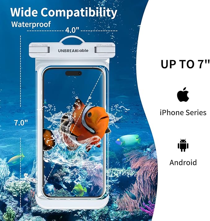 UNBREAKcable Waterproof Phone Pouch-2 Pack IPX8 Waterproof Phone Case for iPhone 16 15 14 13 12 11 Pro Max & Samsung S25 S24-Dry Bag & Travel Essentials for Beach, Pool, Kayak & Cruise-7" Pink+White