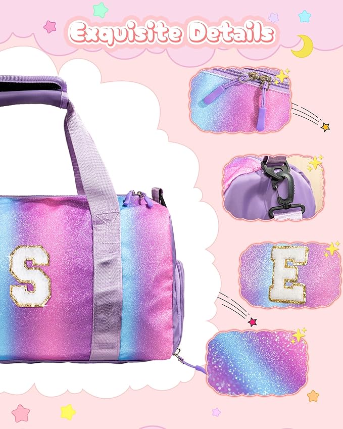 Girly Girl Stuff-Girl Gym Bag with Shoe Compartment, Kid Personalized Weekender Overnight Bags, Initial Travel Tote with Makeup Pouch, Easter Gift 5 6 7 8 9 10 Year Old (Letter N)