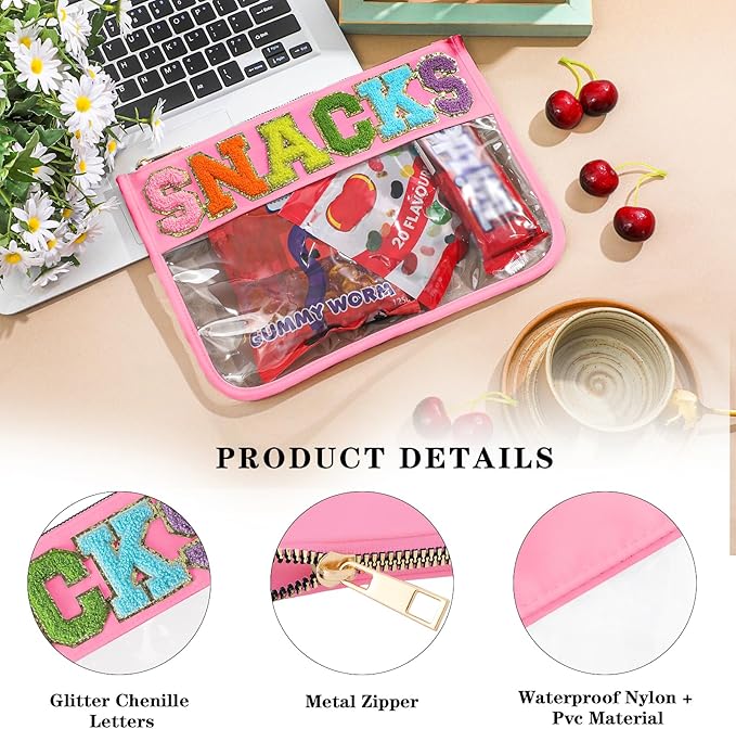 DYSHAYEN Chenille Letter Clear Zipper Pouch for Travel,Nylon Clear Cosmetic Bag,Makeup Travel Bag for Women Girls 11.8 Inches x 8.2 Inches