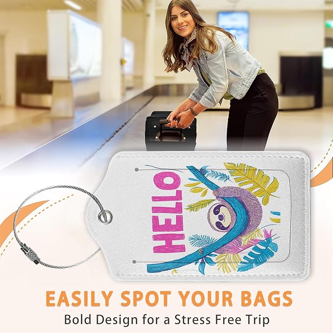 Colorful Sloth Hello 3 Pack Luggage Tags for Suitcases, Happy Sloth Hanging PU Leather Luggage Tag for Travel, Bag Tags with Privacy Name ID Card and Steel Loop for Women Men