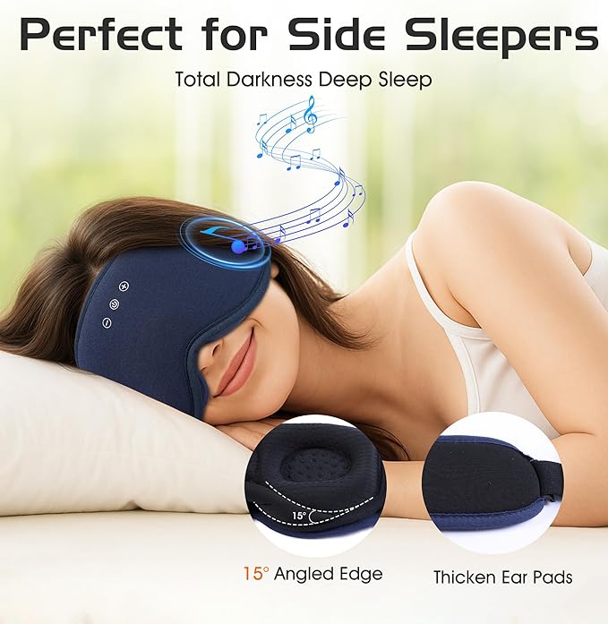 Bluetooth Sleep Mask with 2 Removable 3D Contoured Cup, Bamboo Cotton Sleeping Headphones for Side Sleepers with Timming Setting, Blackout Eye Mask for Sleeping Travel Meditation Men Women