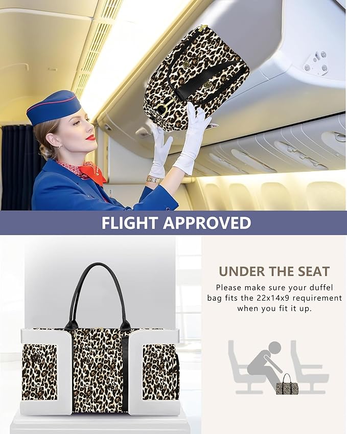 Women Duffle Weekender Travel Bag: Large Duffel Bags with Shoe Compartment Carry On Overnight Tote Bag with Wet Pocket Toiletry Bag Traveling Weekend Gym Yoga Hospital Bags for Womens Brown Leopard