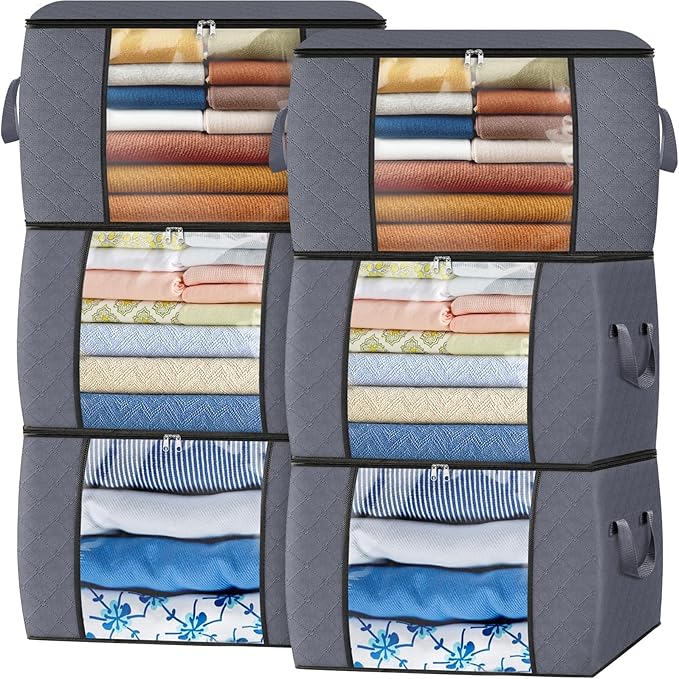 Fab totes 24 Gallons Clothes Storage, Foldable Thick Fabric Blanket Storage Bags, Containers for Organizing Bedroom, Closet, Clothing, Comforter, Organization with Handle (6 Pack,Grey)