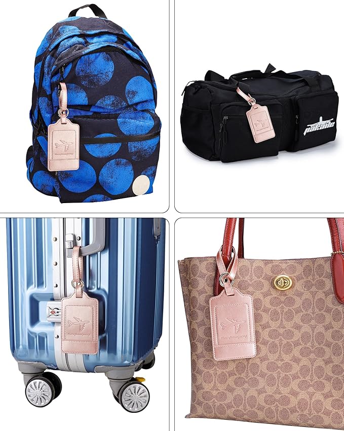 Teskyer Luggage Tags, 3 Pack Premium PU Leather Luggage Tags for Suitcases, Privacy Protection Travel Bag Tags, Rose Gold