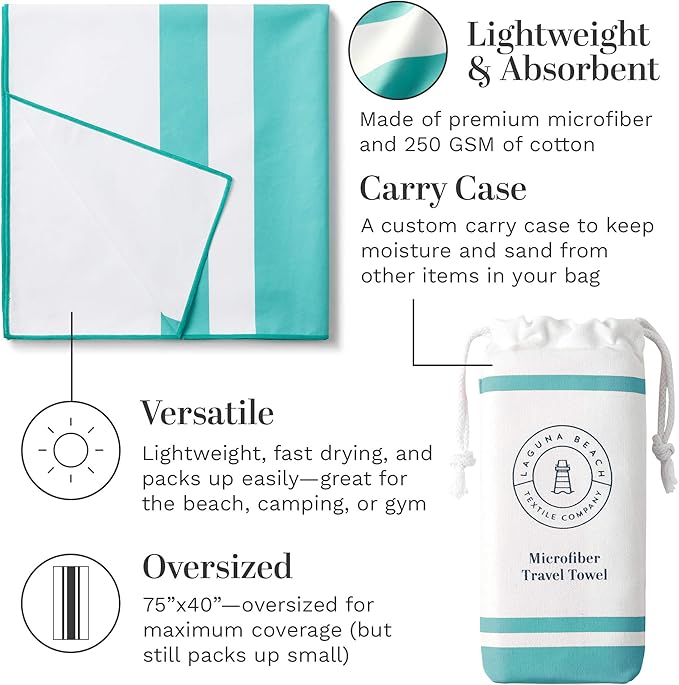 Emerald Microfiber Beach Towel by Laguna Beach Textile Co - Sand Free, Light Weight Striped Pool Towel - Perfect for Yoga, Gym, Beach, Pool - Extra Large, 35" x 75" - Aqua Blue