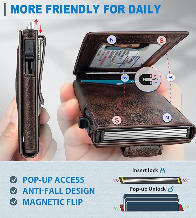Airtag Wallet for Men,with Money Clip Gift Boxed,Slim Front Pocket Wallet RFID Blocking Metal Case Smart Pop-up Credit Card Holder in Magnetic Leather Flip