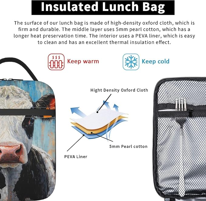 Cow Lunch Box for Kids Aldults, Realistic Animal Reusable Thermal Insulation Cooler Tote Bags, Black White Calf Pattern Insulated Bag for Student, School Picnic Camping Travel, Gifts